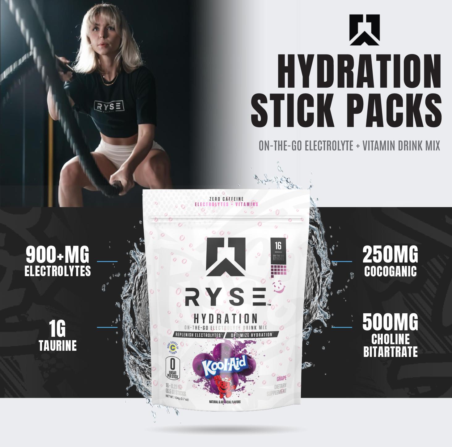 RYSE Hydration Electrolyte Powder Drink Mix Packets - Sugar-Free, Essential Vitamins, Taurine and Choline for Rehydration - Multi Sticks
