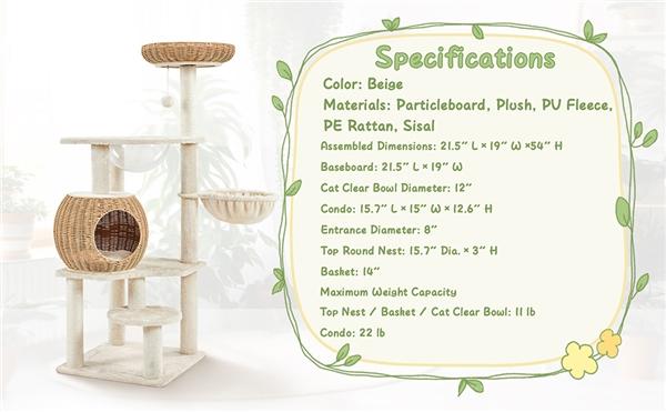 【Mother's Day Gift】Yaheetech 54in Rattan Cat Tree Tower with Luxury Woven Condo, Clear Bowl, Washable Cushions, and Scratching Posts, Cat Furniture for Indoor Cats 【Mother's Day Gift】Yaheetech 54in Rattan Cat Tree Tower with Luxury Woven Condo, Clear Bowl, Washable Cushions, and Scratching Posts, Cat Furniture for Indoor Cats