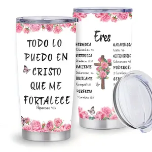 20oz Spanish Christian Tumbler Bible Verse Floral Cross Cup Religious Gift for Women, Mom, Friend Easter, Mothers Day Stainless Steel Tumbler