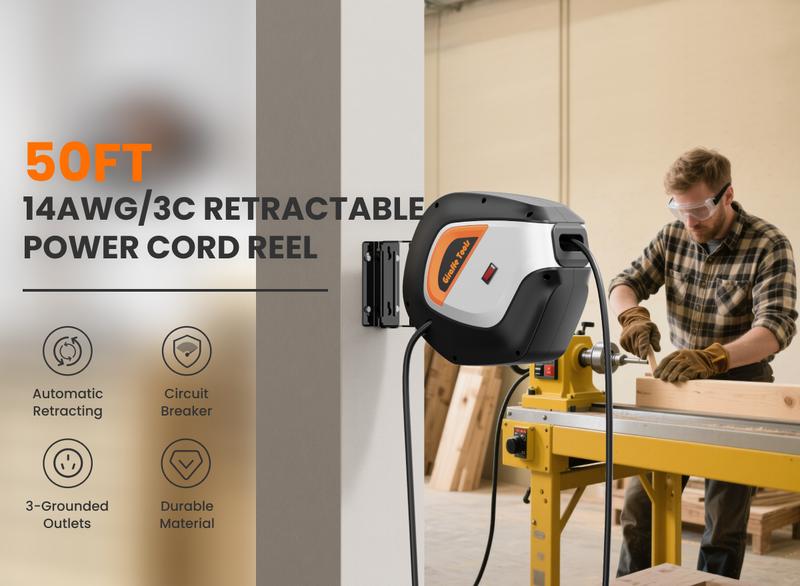 Giraffe Tools Retractable Extension Cord Reel 12/14/16 AWG with 3 Outlets LED Lights Auto-Retract Feature for Outdoor Use Kink-Free Design Safety Circuit Breakers 50 Feet SJT Cable - Garage