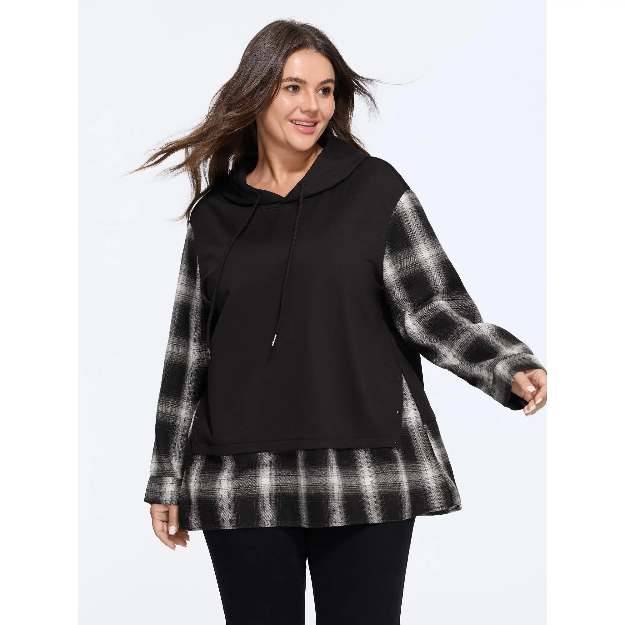 BloomChic Plaid Patchwork Hooded Drawstring Sweatshirt 【M-6XL】