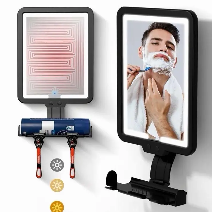 Anti-Fog Shower Shaving Mirror with Dimmable Built-in LED Ring, Squeegee, 2 Mounting Options - Powerful Suction Cup & Adhesive, Anti-Fog Coating for Faster & More Accurate Grooming, Large Adjustable Bathroom Vanity Gadget