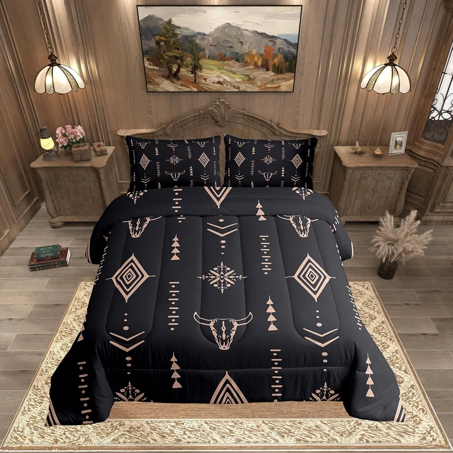 Feelyou Queen Size Microfiber Duvet Set - Cozy, Breathable Boho Tribal Bedding with Bull Skull, Horns, Symbols, Aztec Prints, Black Brown Covers; Lightweight King Option for Cozy Sleep, Aztec Motifs/Animal Style Sets, Boho Tribal Bedroom Decor Gift, Aztec