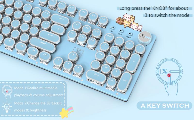 XINMENG Wired Pink Typewriter Keyboard and Mouse Combo,Retro Vintage Mechanical Gaming Keyboard with White LED Backlit,104 Keys Anti-Ghosting Blue Switch Cute Keyboard,Round Keycaps,4 Color Backlit Mouse,Pink Mousepad for Desktop PC/Laptop Mac