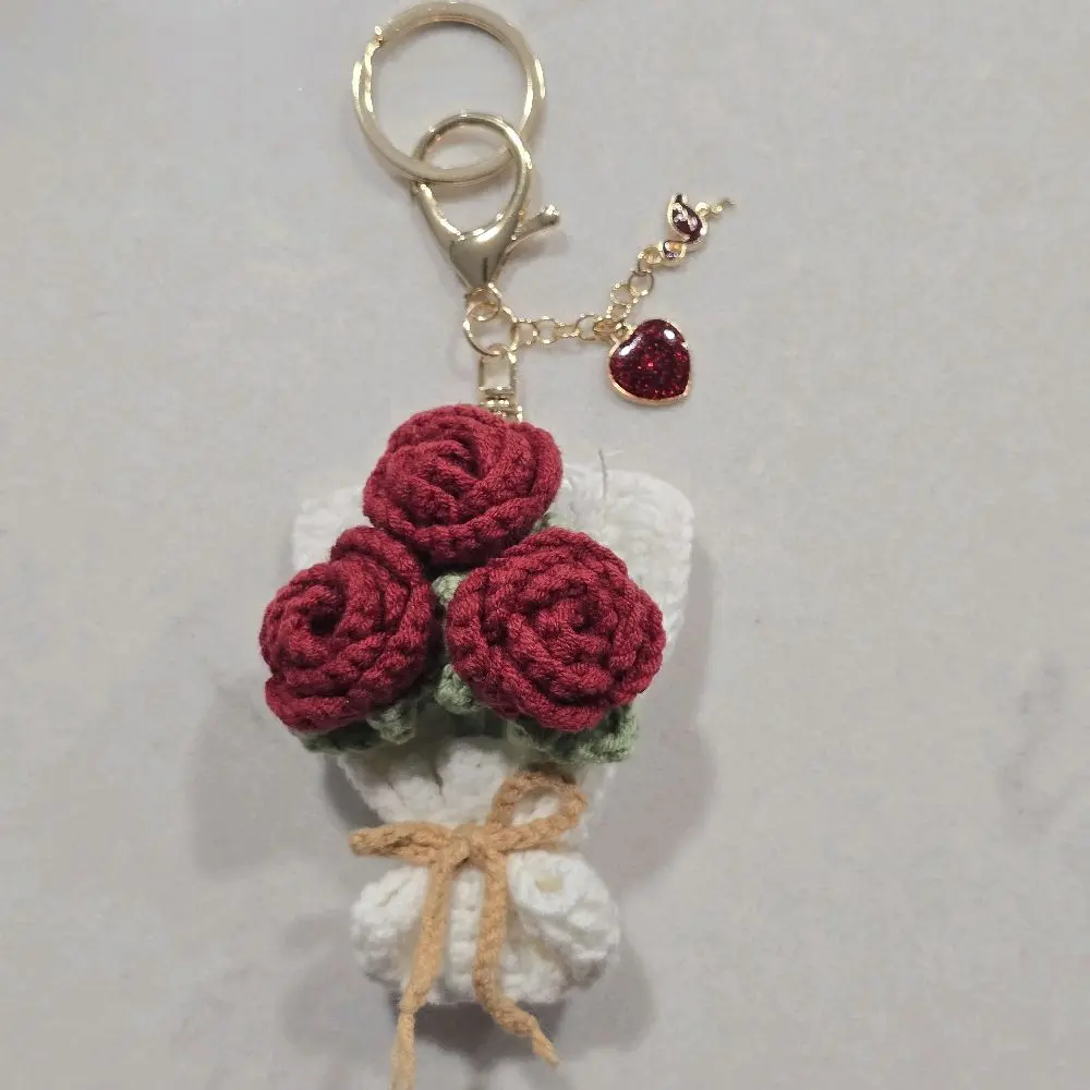 Handmade Crochet Flower Bouquet Keychain, Cute Floral Mini Keyring Charm for Women, Thoughtful Anniversary or Prom Gift, Key Ring Accessory, Crochet Keychain