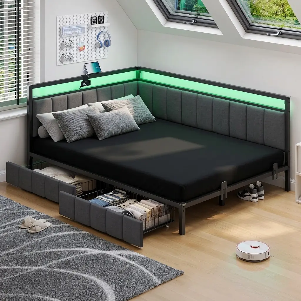 Hasuit Corner Bed Frame with Storage Drawers, Daybed with Line Fabric Upholstered Fence, Kids Bed Unit with LED Light and Charging Station, Modern Bed Frame,dorm essentials,home decor