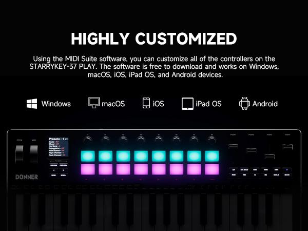 Donner STARRYKEY-37 PLAY MIDI Controller, 37 Key Portable with 128 Voices 16 RGB Pads USB Wireless 4 DAW Software 40 Courses