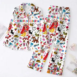 Manana Sera Bonito Pajama Set for Women, Colorful Latin Music Graphic Satin Pajamas, Cute Cartoon Print Button Up Sleepwear Set, Long Sleeve Lounge Pajamas, Comfy Nightwear Gift for Women, Trendy Aesthetic Sleep Set