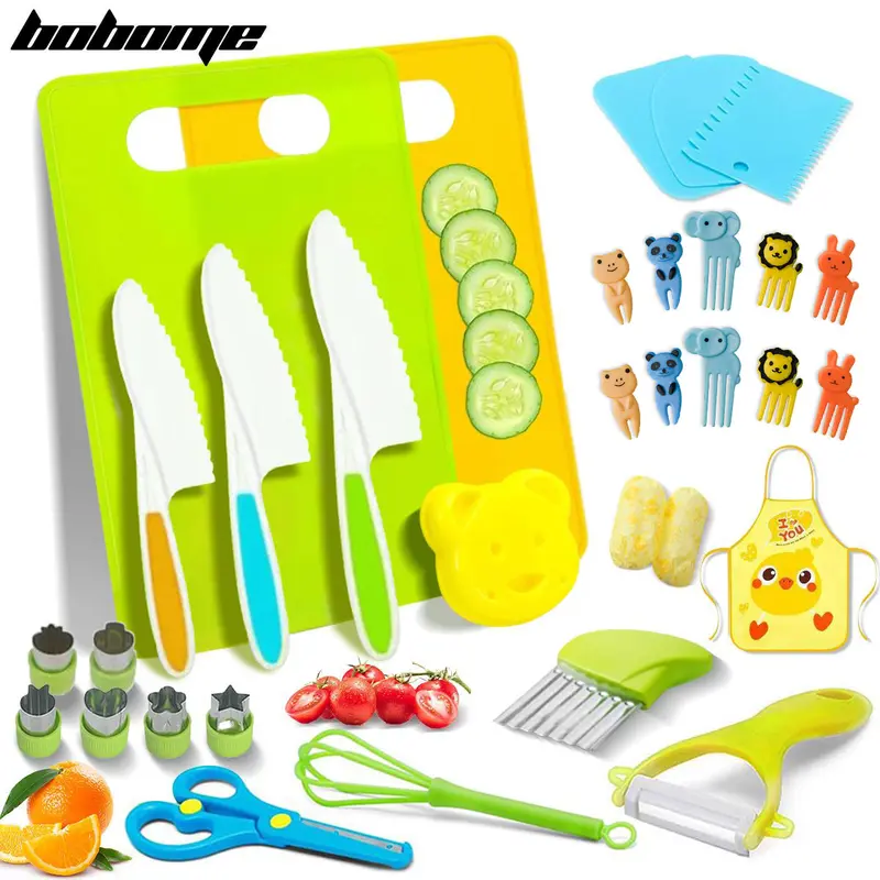 Kid Safe BPA-Free 32-Pcs Kitchen Knife Set with Block - Polypropylene Serrated Edge Blades for Cutting Vegetables,Fruits,Cheese - Ideal for Kids' Learning Practice,Cooking,Festival Christmas Gifts,Kitchen Accessories