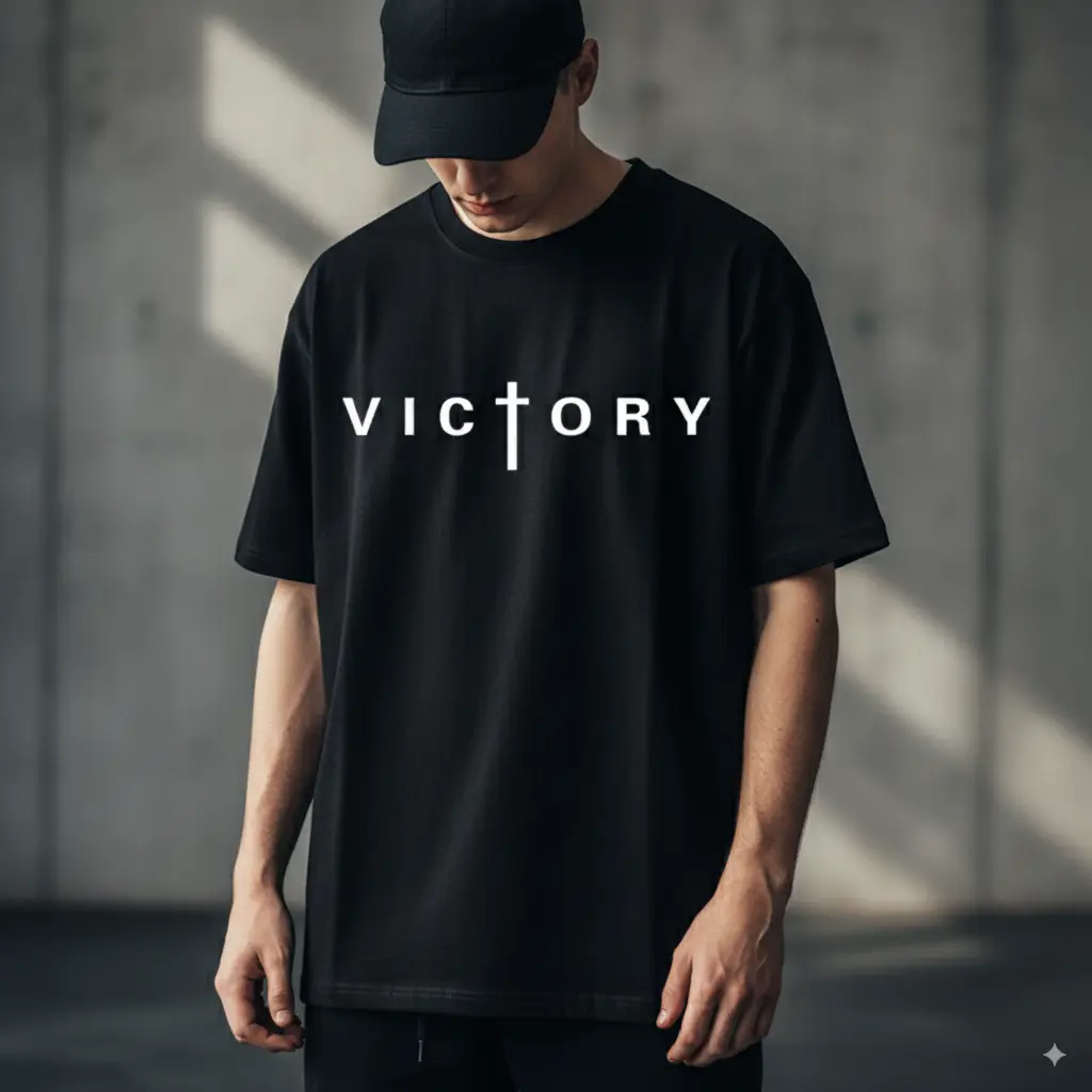 [VICTORY Print Cotton Tee] VICTORY Print Cotton T-Shirt - 1pc Men's Casual Crew Neck Tee - Slight Stretch, All-Season Knit Fabric, Regular Fit, Plus Size