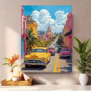 2D Flat, 1pc, [2D Flat] with Frame, 12x16inch Scenic Havana Landscape with Old American Cars Canvas Print, Cuba Wall Art, Havana Poster, Cuba Painting, 2D Flat	