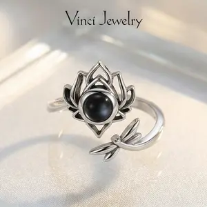 925 Vintage Lotus Flower Ring with Synthetic Obsidian and Dragonfly Design, Elegant Adjustable Open Unisex Ring Jewelry for Women&Men, Yoga Lover, Protection and Spiritual Jewelry Gift for Daily Wear and Party, Valentine's Day Birthday Gift