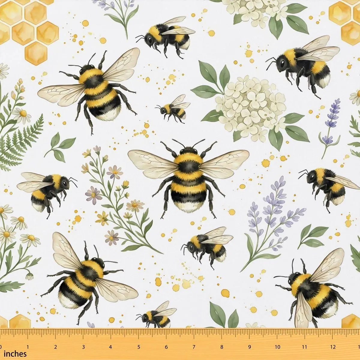 Feelyou Vintage Hydrangea & Floral Bees Polyester Fabric by the Yard - Medium Weight, Waterproof, Non-Stretchy, Soft Texture, Durable, Indoor Use Home Projects DIY Sewing Supplies (Whole Piece, Yellow Honeycomb Design)