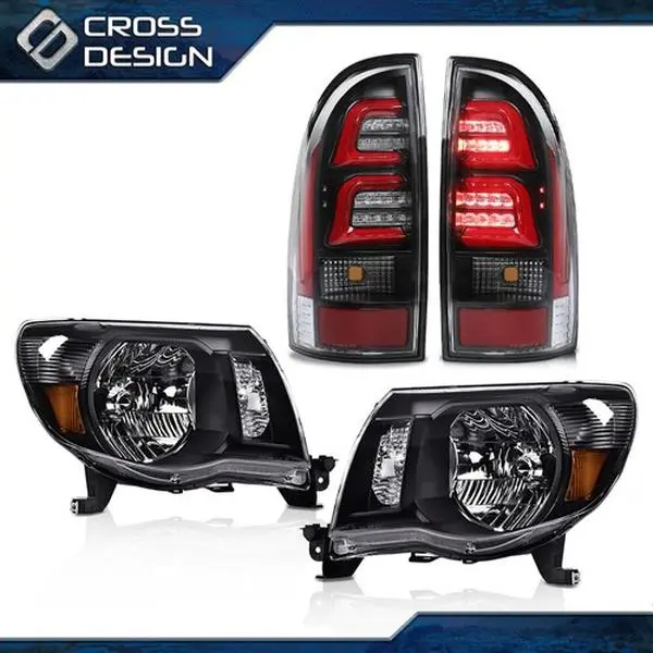 CROSSDESIGN 100% New Car Lighting Accessories Replacement Headlight & Tail Light Pair Sets - Black Aftermarket Headlights, 3D LED Tubes Tail Light Assembly, Impact-Tough Plastic, 4157a Turn Signal & H4 Bulbs for 2005-2011 Toyota Tacoma Exterior Upgrade