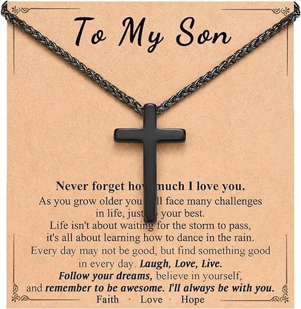 Boys' Classic Black Engraved Cross Design Necklace, 24-Inch Lightweight Christian Charm with Biblical Verse for Strength, Faith Jewelry Baptism Gift (1.2x1.8in, Biblical Themed Spiritual Piece), Faith Necklace