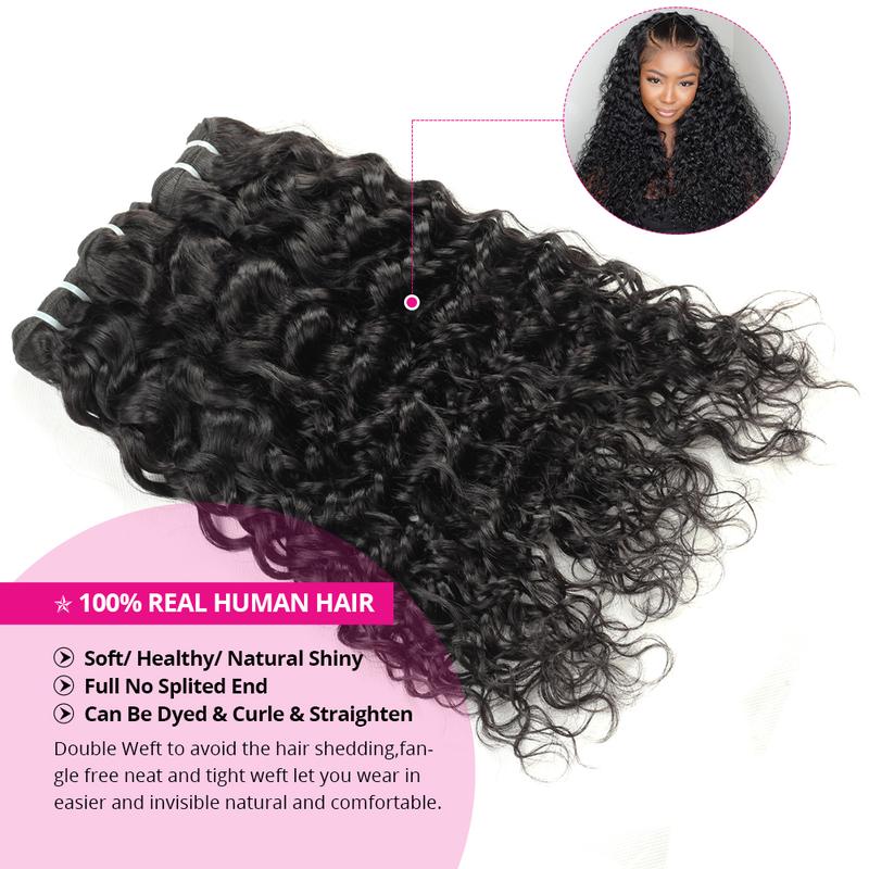 Water Wave Bundles with Closure Human Hair 10A Brazilian Virgin Hair Bundles and Closure 100% Unprocessed Water Wave Human Hair Bundles with 4x4 Lace Closure