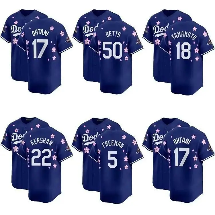 Shohei Ohtani #17 Dodgers Cherry Blossom Baseball, World Series Jersey Hip Hop Japan Baseball, White Blue Stitched S~5XL, Top Training Shirt Quick Dry Mesh Polyester Classic Jersey