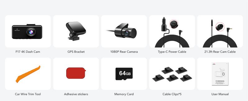 REDTIGER F17 4K 3-Channel Dash Cam with 5GHz WiFi GPS, 64GB Card, 2160P+1080P+1080P, Triple Car Camera, IR Night Vision, Parking Mode-Holiday Haul