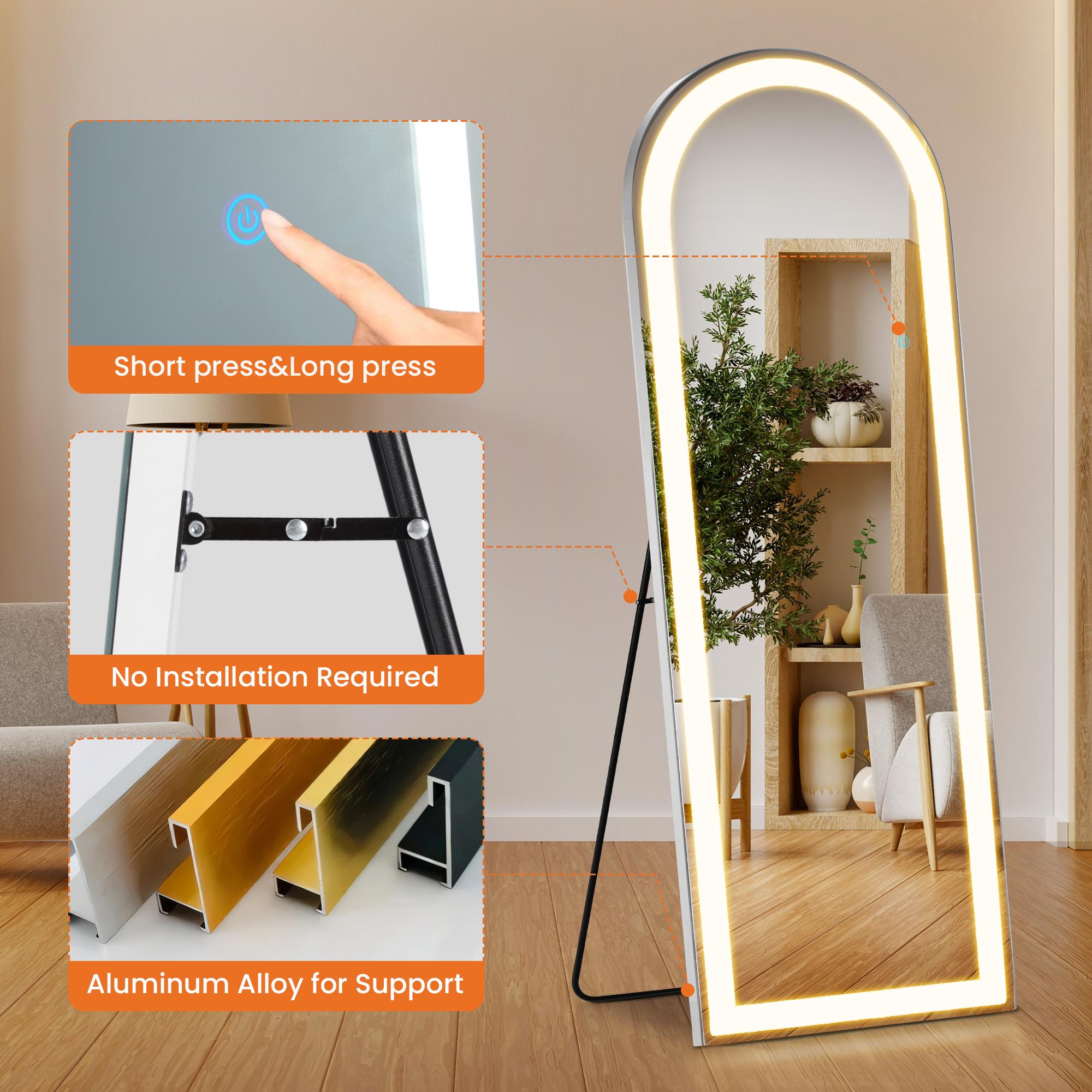 LED Floor Standing Mirror with Stand - 3 Color Lighting (White/Warm/Natural), Lighted Vanity Mirror Wall Mounted or Freestanding, Touch Control (71x26")
