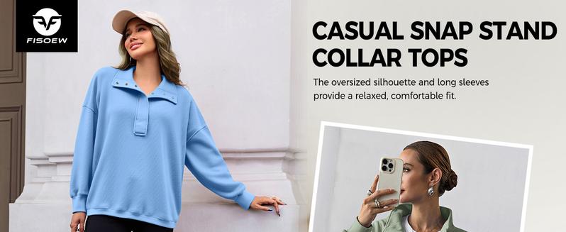 Fisoew Womens Waffle Knit Oversized Sweatshirt Casual Snap Stand Collar Long Sleeve Pullover Tops Fall Travel Outfits Womenswear Button women zip crewneck graphic camohoodie wicked sweatshirt cute winter zip hoodie Check Knitwear #TikTokShopHolidayHaul