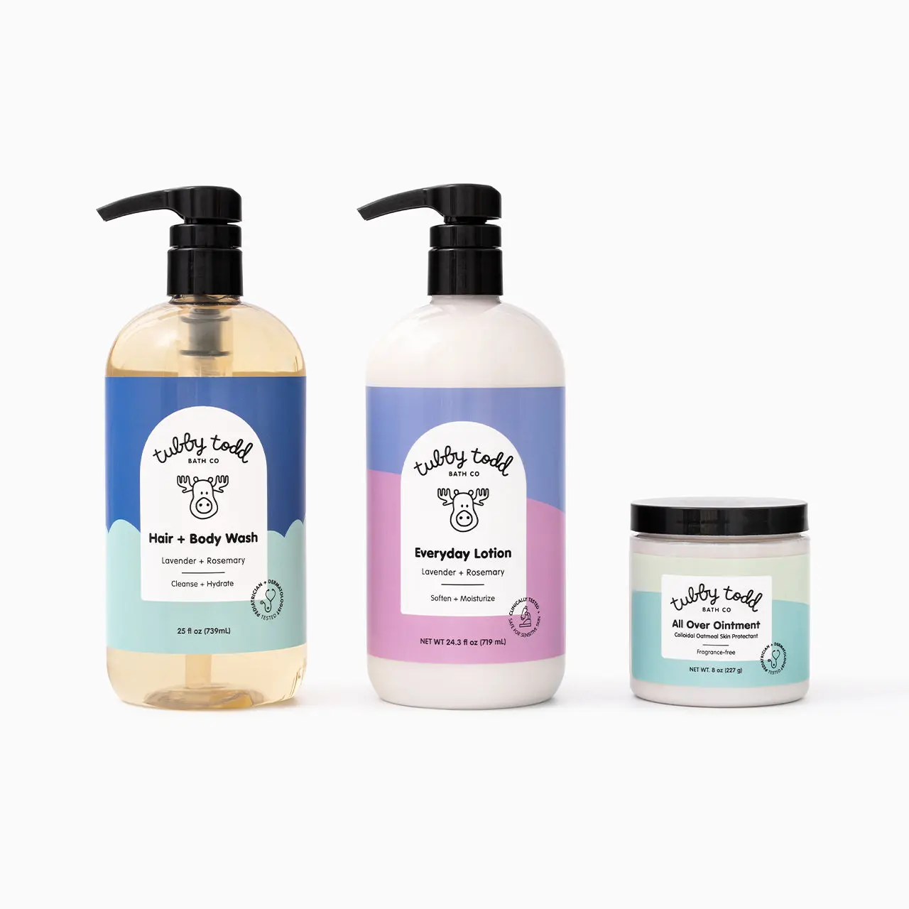 Tubby Todd 3-Step Routine for Sensitive Skin - Includes Hair + Body Wash, Everyday Lotion, All Over Ointment Eczema Treatment