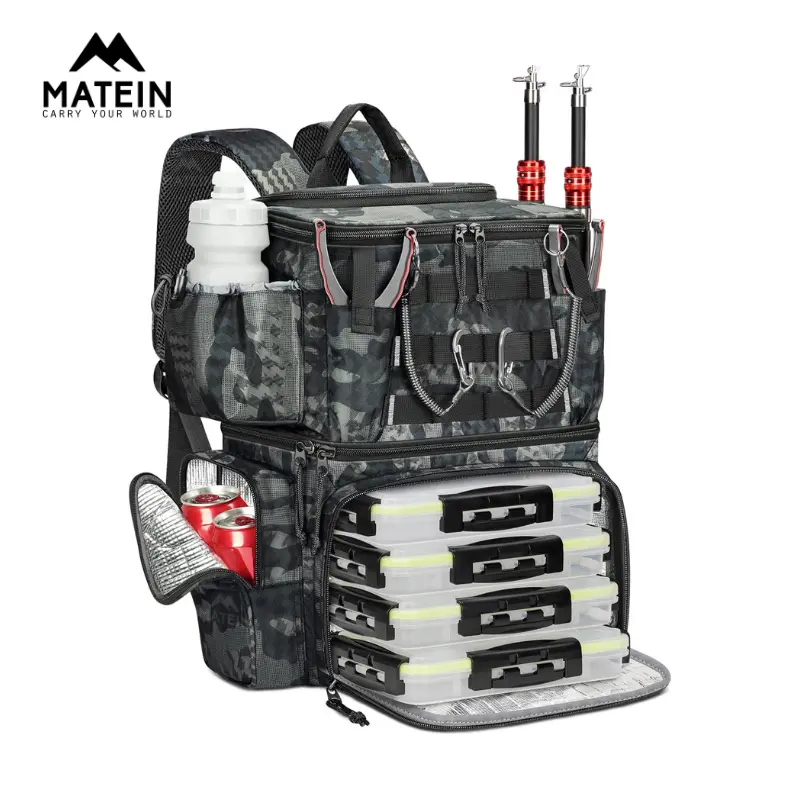 【Back To School】MATEIN Fishing Tackle Backpack, 600D Saltwater Resistant Fishing Bag with Rod Holder & Cooler, Includes 4×3600 Trays, Portable Gear Organizer for Outdoor Fishing, Ice Fishing & Anglers