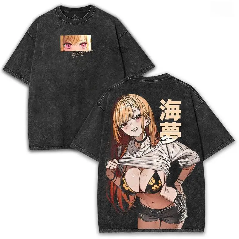 Marin Kitagawa Retro Tee, Manga Fan Casual Streetwear My Dress Up Darling Marin Kitagawa Oversized Washed Tee, 260GSM Heavy Cotton Anime Graphic Top, Retro Unisex Streetwear
