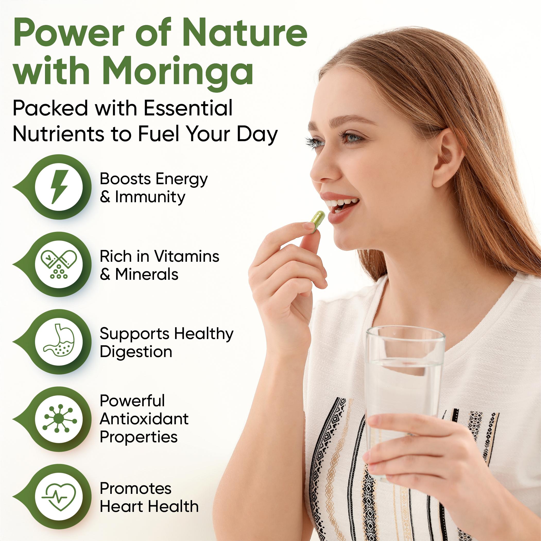 Moringa Leaf Powder Capsules - 100% Pure, Energy & Nutrient Boost, Rich in Vitamins, Antioxidants, & Minerals for Immune Health, Digestion, Vitality