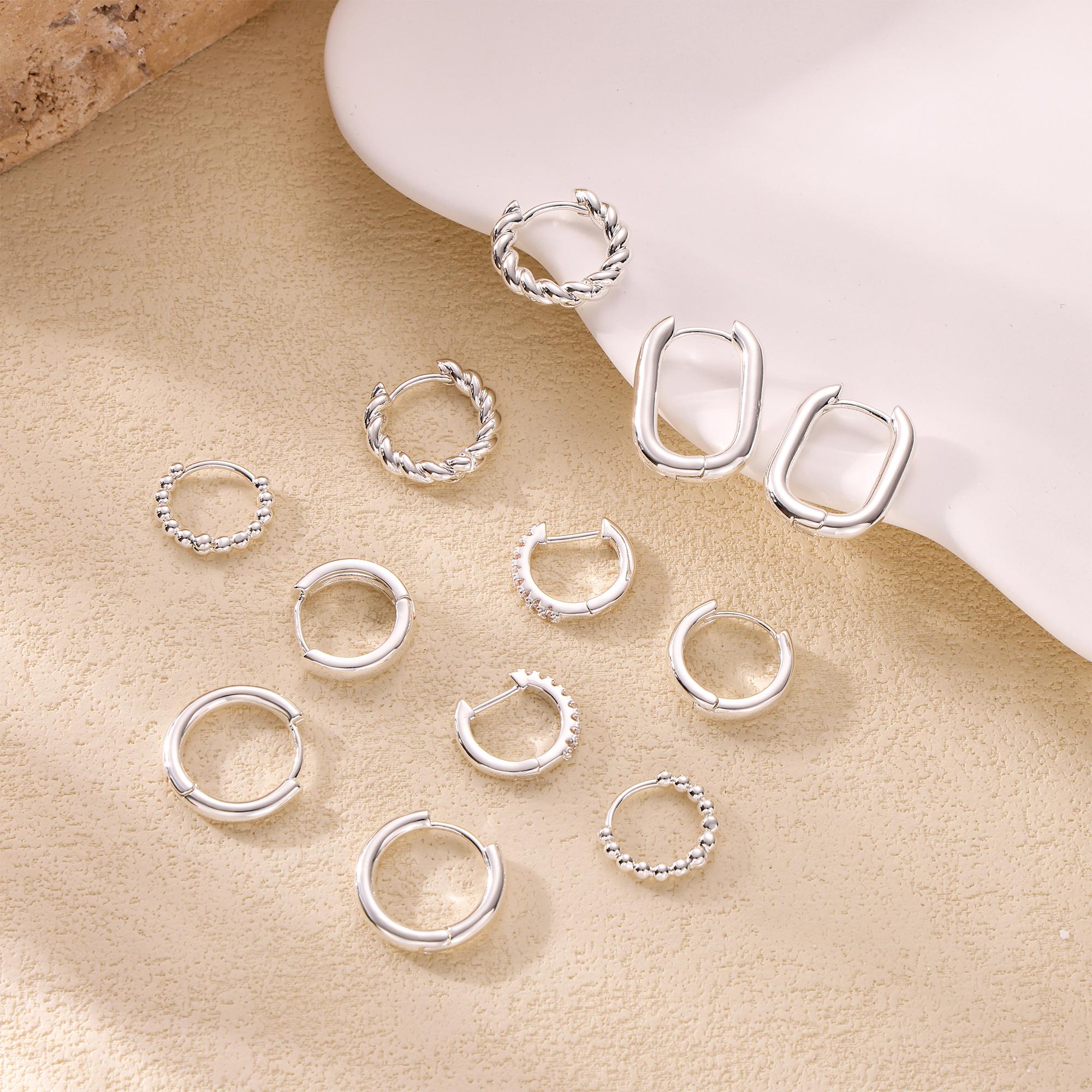 TEWIKY 925 Silver-Plated Six Pairs of Earrings with Beaded Twisted Hoops Cubic Zirconia Hoops Smooth Hoops Thin Smooth Hoops Oval Smooth Hoops Smooth Twisted Hoops Valentine's Day Gift, Suitable for Various Occasions