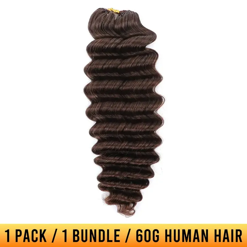 YGwigs #4 Dark Brown Deep Wave Feather Crochet Human Hair Extension Mircale Knots 60g