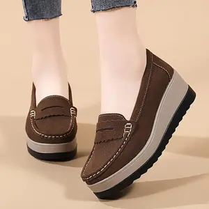 Comfy Versatile Wedge Loafers - Women's Slip-On Platform Walking Shoes - Lightweight Soft Sole Footwear Slipon Girl Khaki