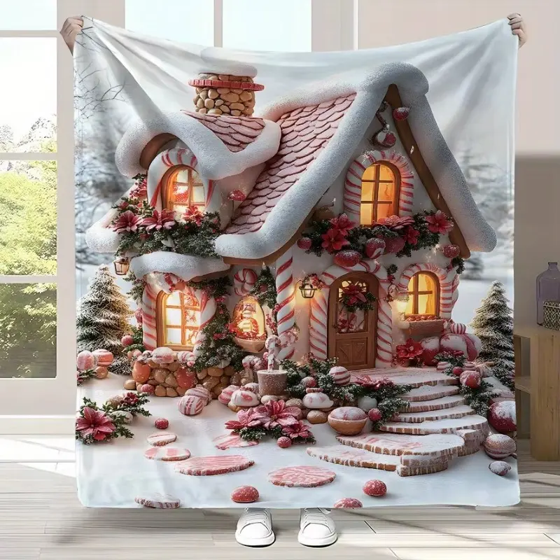 Gingerbread House Candy Print Flannel Fabric Blanket - Soft Texture, Comfortable for Adults, Christmas Holiday Whimsical Home Decor Gift (Textiles & Soft Furnishings, Bedding and Linens, Blankets & Throws)