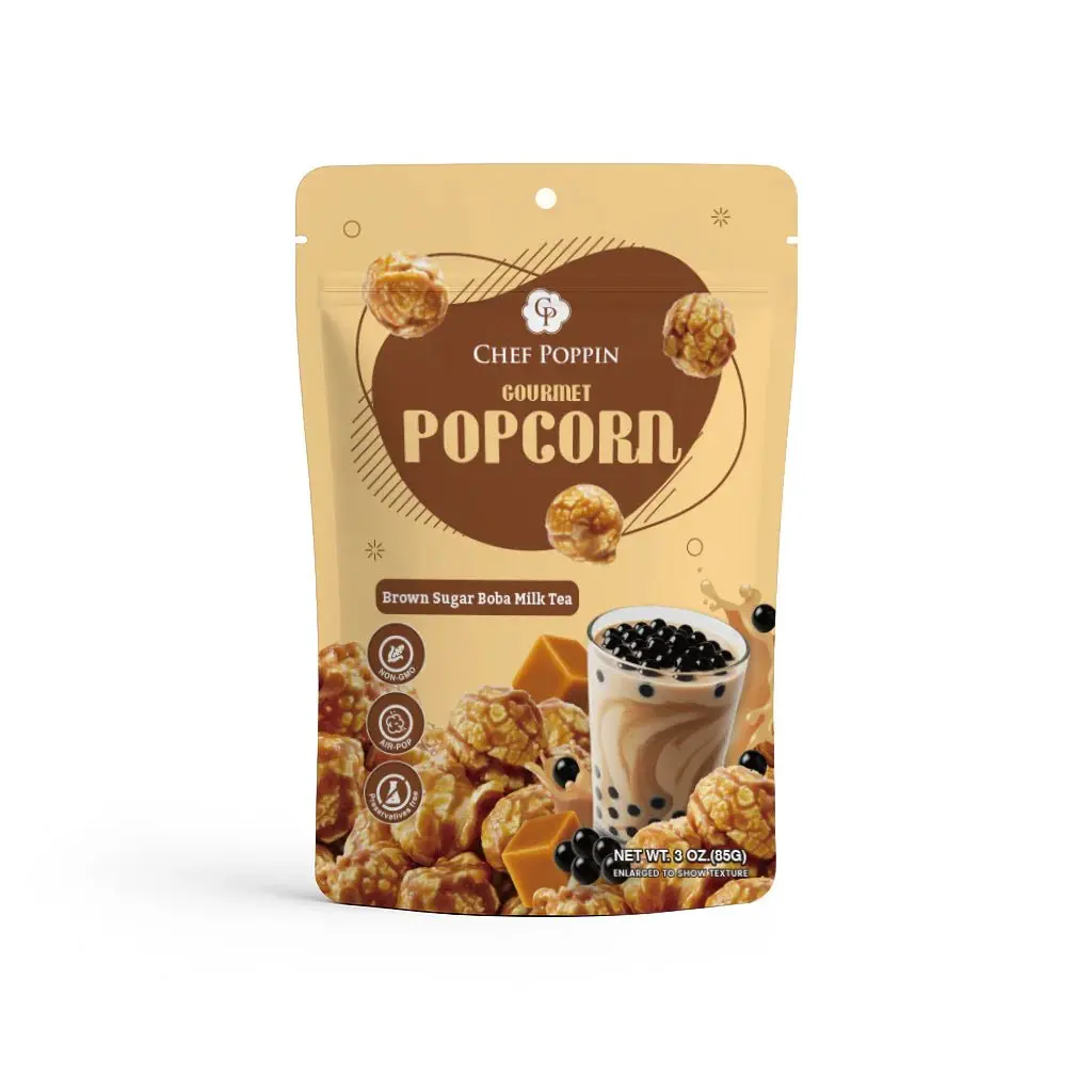 Gourmet Coated Packaged Popcorn Snack - Chef Poppin Brown Sugar Boba Milk Tea Flavor, Crunchy Texture, Maltose Syrup, Ambient, Antioxidant, Low Processed Sugar, Afternoon Tea Snack - 85g