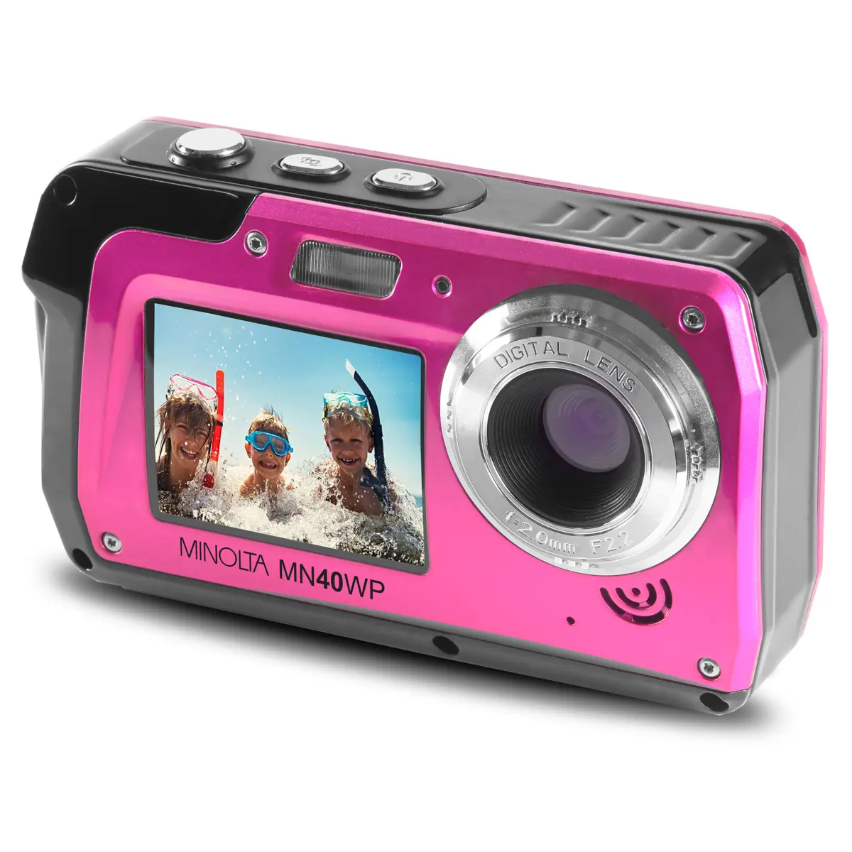 Minolta MN40WP Digital Point & Shoot Camera - 48MP, QHD, Dual Embedded LCD Screen, Waterproof, Memory Card Compatible, Automatic Photo and Video Features, Handheld Pink Pocket Camera Gear, Photo And Video Features Point & Shoot Cameras
