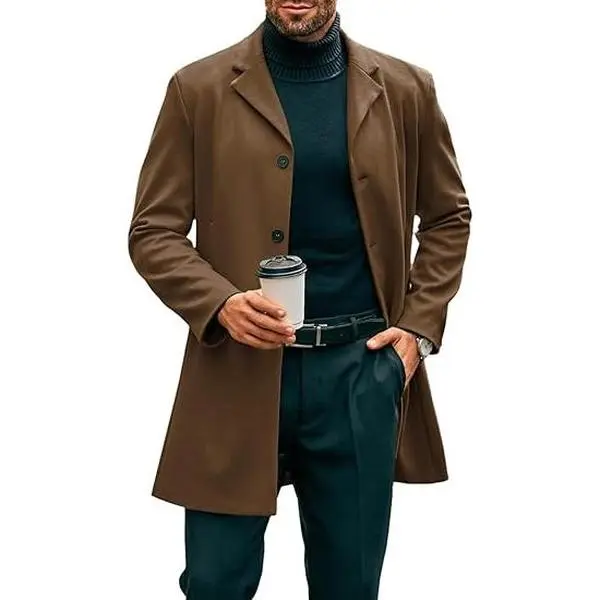 Runcati Men‘s Mid Long Trench Coat Slim Fit Winter Pea Coat Single Breasted Business Overcoat