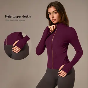 TimeOFF Women's Zip Up Workout Jacket - Long Sleeve Stand Collar with Thumb Holes, Lightweight Stretchy Fabric, Metal Zipper Closure for Secure Fit, Eliminates Restriction During Movement, Perfect for Gym, Yoga, Running, Fitness, and Casual Activewear