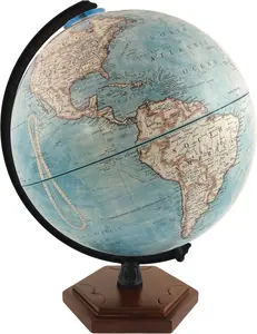 Palermo 9" Diameter Globe, USA Cartography with with Mountain Relief, Solid Hard Wood Base and Blue Ocean Globe Ball.