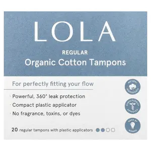 Lola Organic Cotton Tampons with Plastic Applicators, Regular, 20 Tampons