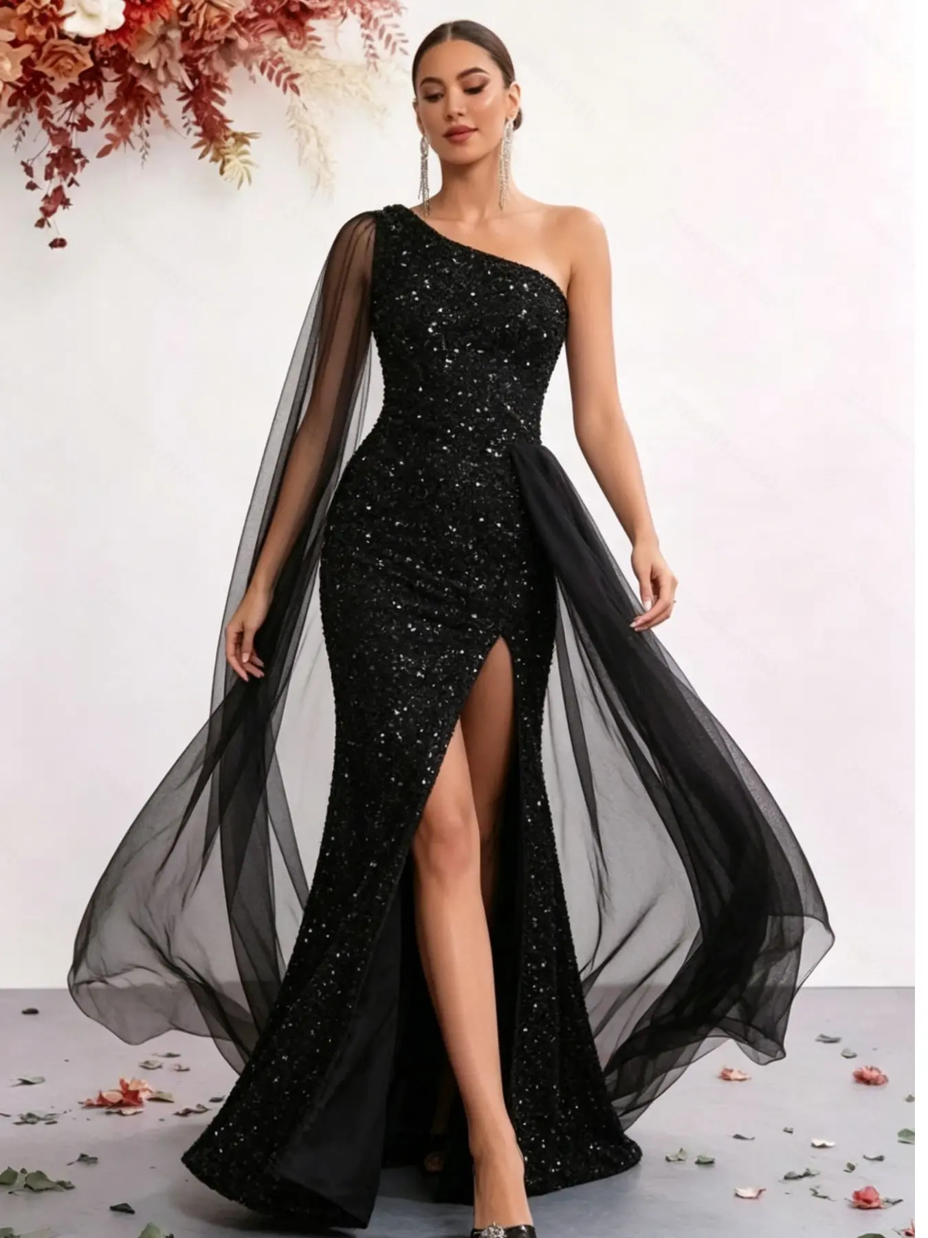 Sequined Formal Wear Evening Gown, Elegant One-Shoulder Design, Floor-Length Mermaid Skirt with Slit, Lightweight Tulle Panel, Perfect for Weddings and Parties, Elegant Evening Dress, Evening Glam Gown