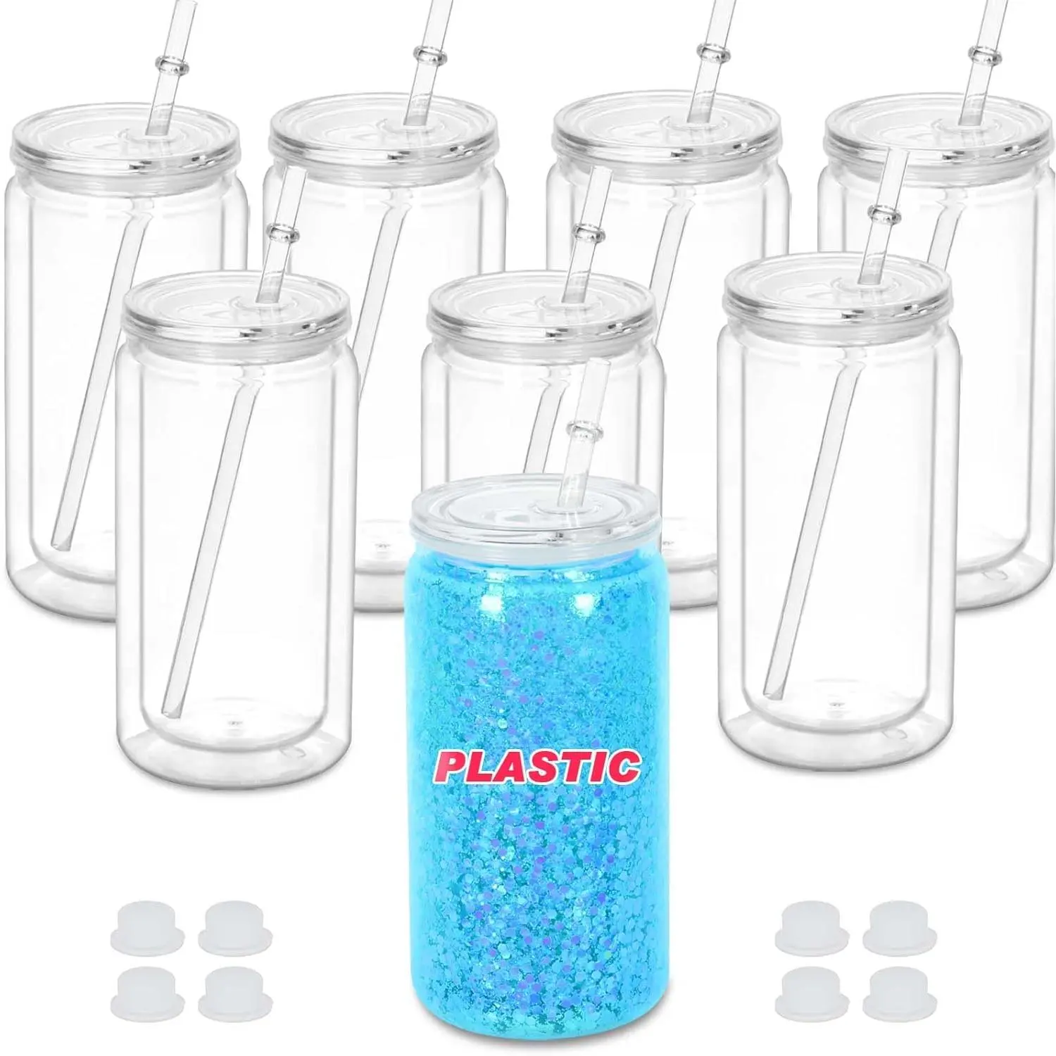 16 Oz Plastic Snowglobe Tumbler, 8 Pack Pre-Drilled Double Wall Plastic Clear Cup for Glitter Snow Globe Diy, Double Wall Snowglobe Cup with Clear Lid