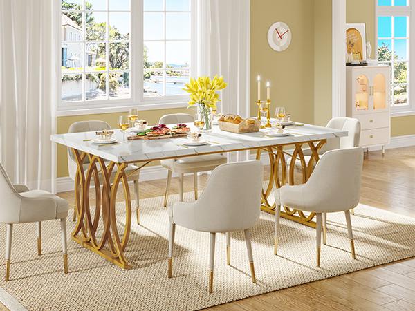 LITTLE TREE Modern Dining Table, 63" Large Kitchen Table for 4-6 People, Unique Rectangular Dinner Table Kitchen & Dining Room Furniture with Faux Marble Tabletop and Geometric Legs（Only Table）