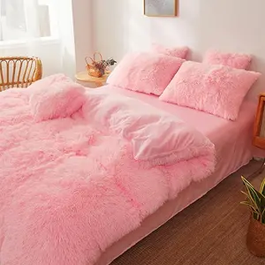 4 Piece Plush Duvet Cover Set (1 Fluffy Faux Duvet Cover+ 1 Heart Pillow + 2 Furry Pillow Shams), Soft & Warm Bedding Set (Pink, Queen (U.S.Standard)