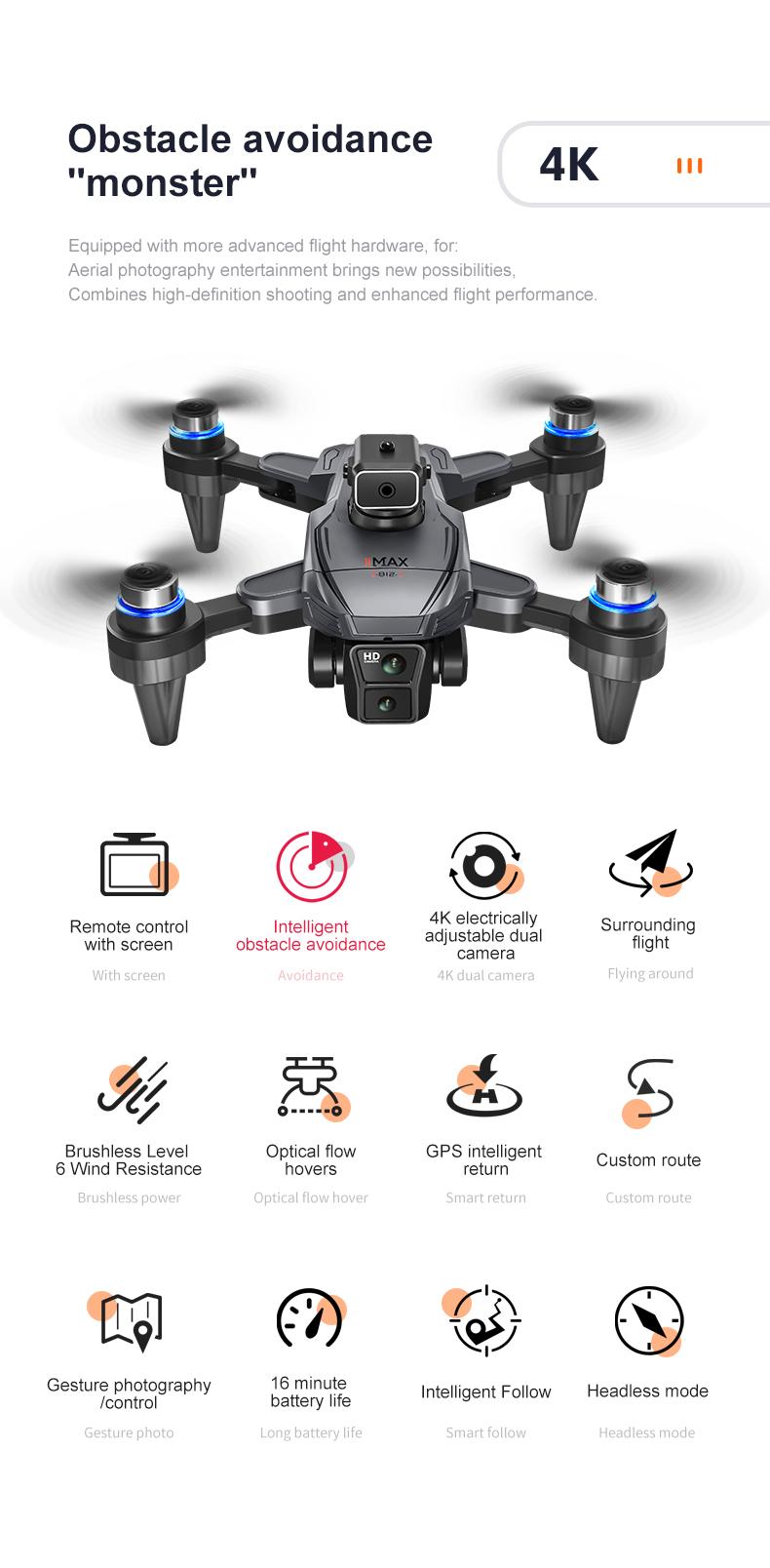 CJC K812 MAX Drone with GPS Intelligent Return-to-Home Function Brushless Motors Dual Cameras Obstacle Avoidance Dual Batteries Remote Control with Screen Wi-Fi/5G Transmission for Adults and Beginners stable hover