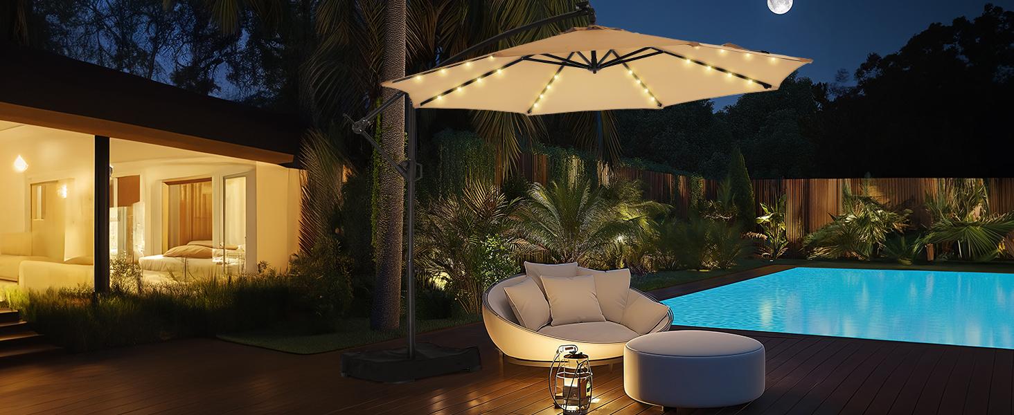 [With Base] 10ft Offset Outdoor Patio Umbrella with Base & Solar Light, Easy Tilt & Crank, Adjustable UPF 50+ UV Protection for Garden, Backyard & Poolside