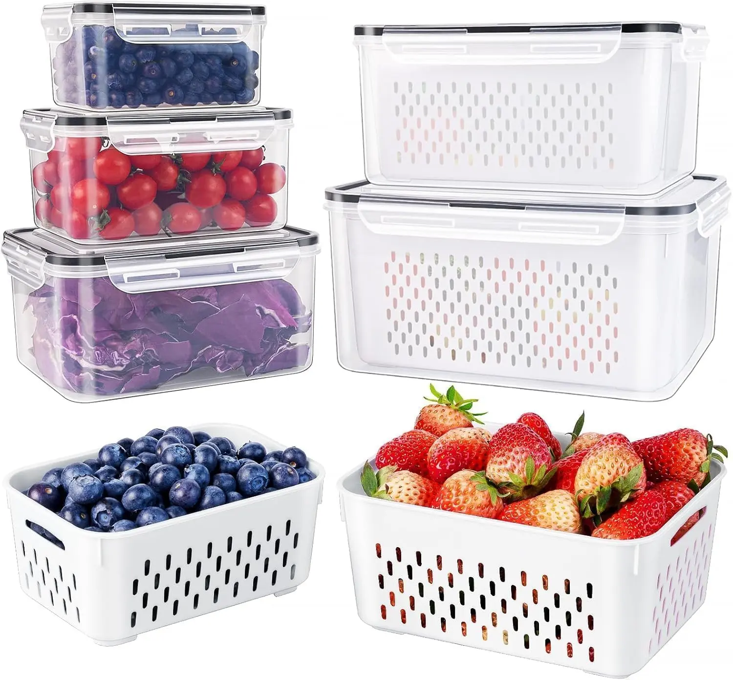 5 PCS Large Fruit Containers for Fridge - Leakproof Food Storage Containers with Removable Colander - Dishwasher & microwave safe Produce Containers Keep Fruits, Vegetables, Berry, Meat Fresh longer  Kitchen Utensils