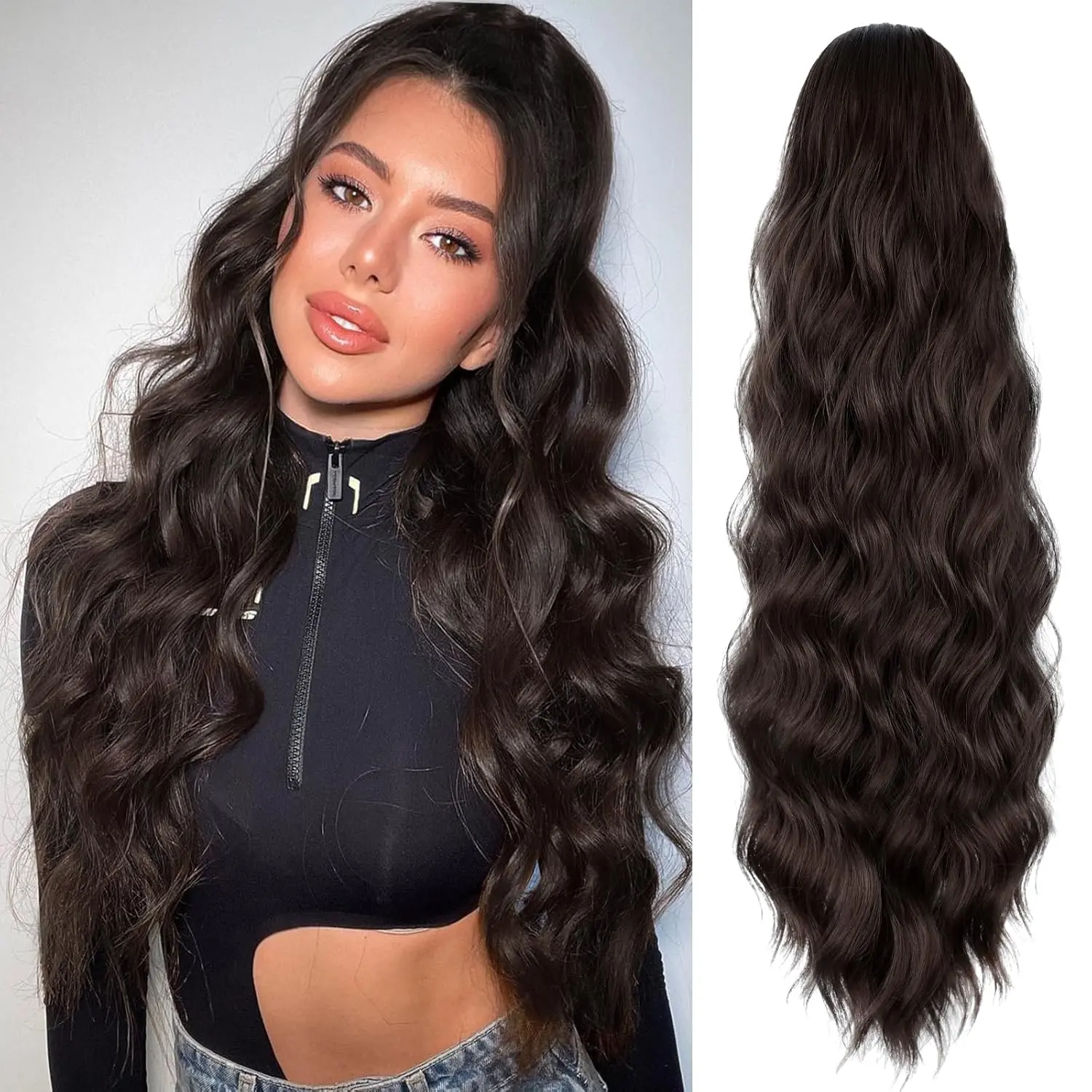 Fxmongyi Drawstring Ponytail Extension Long Body Wavy Ponytail Extension for Women Synthetic Hair Ponytail Extension Clip in 26 Inch Ponytail Hairpiece for Daily Use