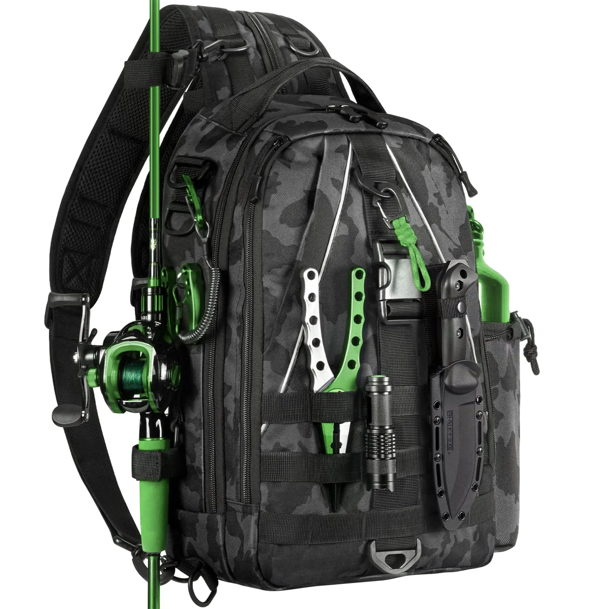 Convertible Fishing Tackle Bag - 1000D Nylon Fabric Sling/Backpack Swap, Water-Resistant Outdoor Gear with Adjustable Waist Strap, Rod Holder, Bottle Pocket, Side Pocket, Mesh Backing, Anti-Corrosion Double Zippers, Padded Hand Strap