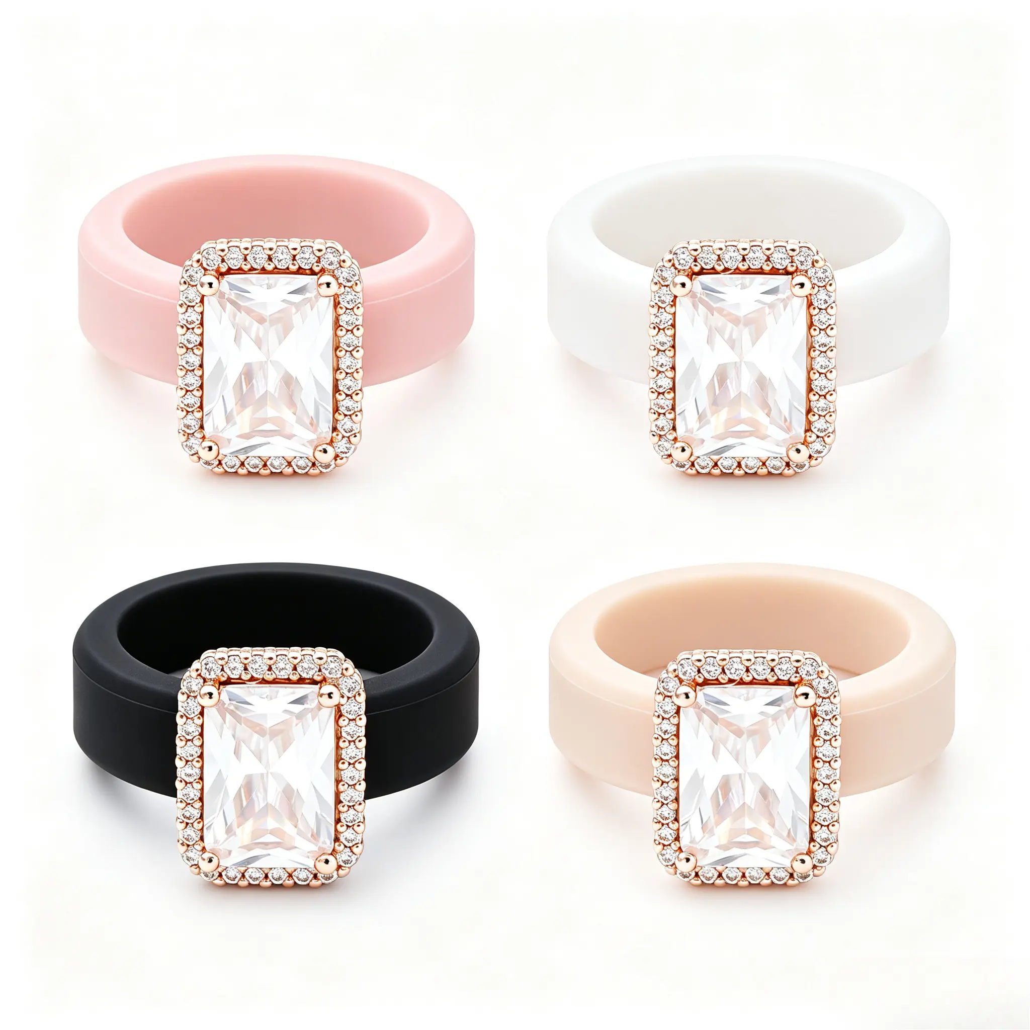 Women Radiant Rectangle Halo Cubic Zirconia Silicone Ring, Rose Gold Plated Sparkly Rectangular CZ Rubber Band Ring, Medical Grade Flexible Silicone Wedding Ring, Multi Color Stackable Engagement Ring Gift