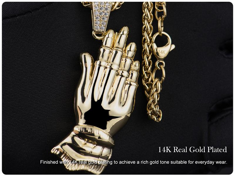 Holylegend 14K Real Gold-Plated Praying Hands Pendant Necklace for Men, 3D Carved Pendant with CZ Iced Bail, Gift-Ready Religious Jewelry
