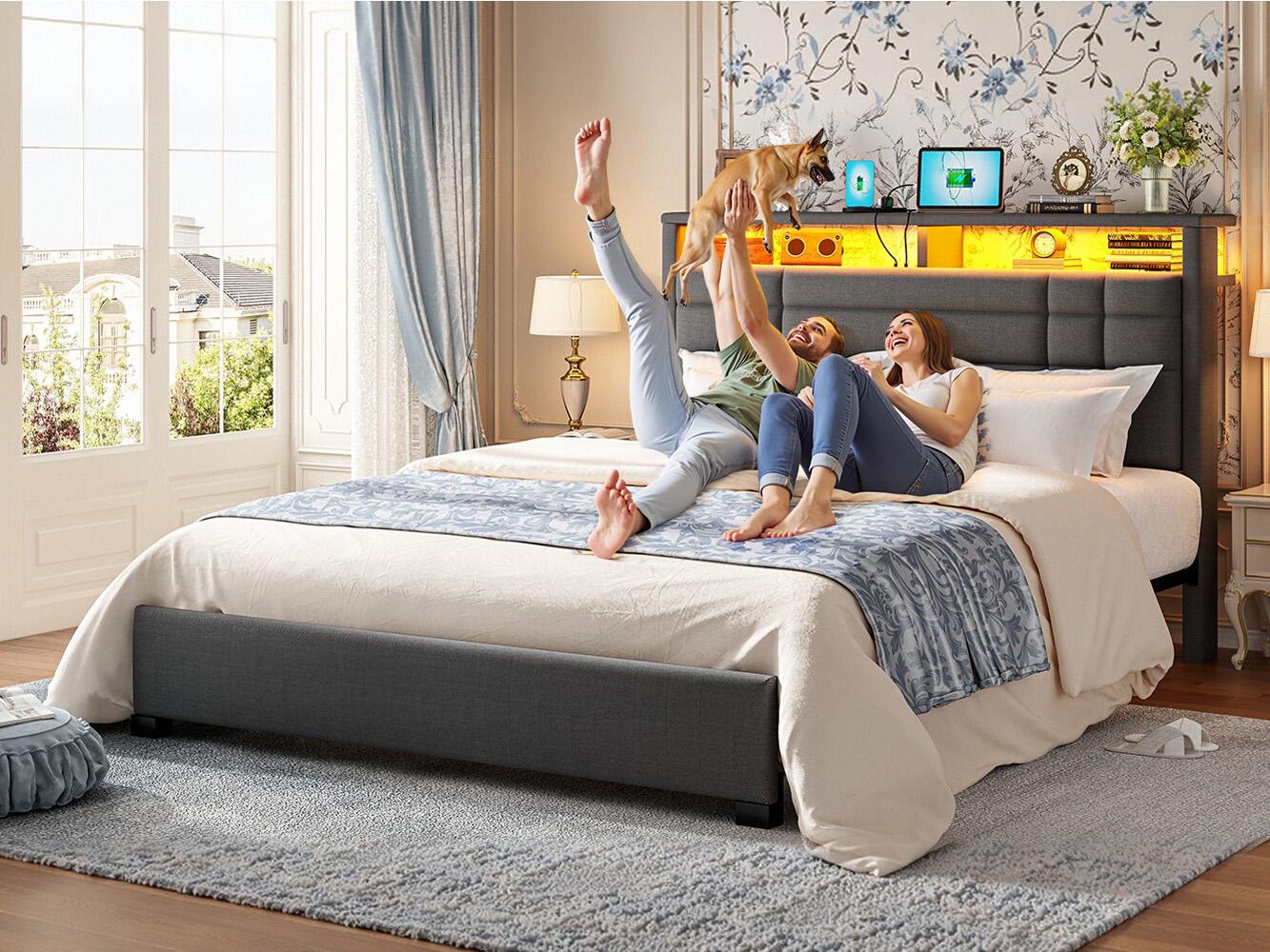 【Teen Size Bed】Raybee Luxury Bed Frames with Headboard & 2 Storage Shelves, Upholstered Bed Frame with LED & USB Ports for Full Queen King, Modern Bedroom Furniture, No Mattress, No Noise, Metal Slats Holds up to 880lbs[BlackFridayCyberMonday]